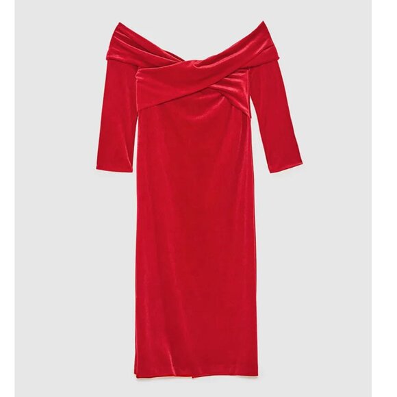 Zara Velvet Tube Dress Off Shoulder Crossover Red Size Small - Picture 5 of 12